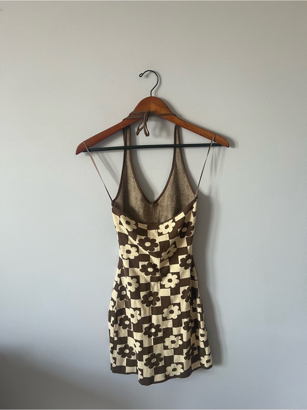 Floral Check Knit Mini Dress in Cream and Brown - Picture 5 of 6